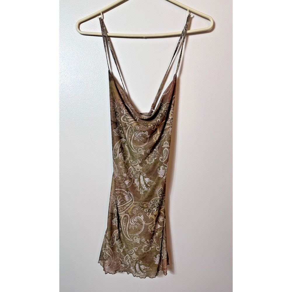 Y2K Brown Paisley Satin Slip Dress Womens Small Cowl Neck Strappy Fairy Grunge - Picture 10 of 11
